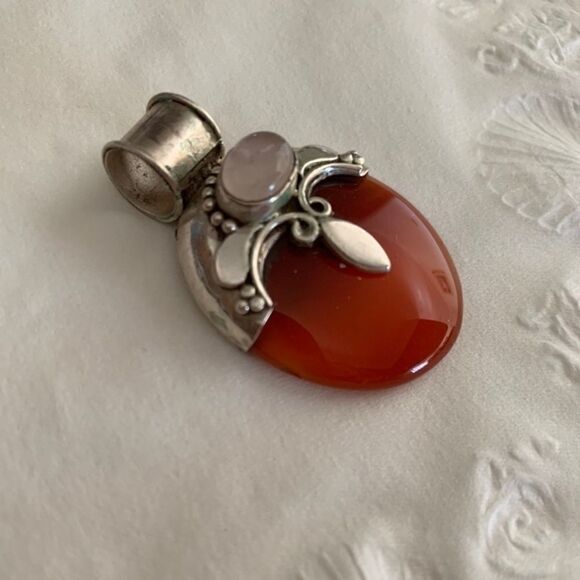 𝅺STERLING SILVER 925 VINTAGE CARNELIAN PINK QUARZ LARGE PENDANT​​ - Picture 3 of 5